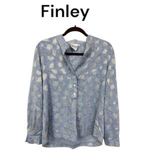 Tinley Gold Leaf Jacquard Collared Long Sleeve Henley Shirt Blouse Blue Medium